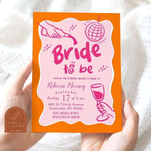 Roze Oranje Retro Geïllustreerde Bruidsdouche Kaart