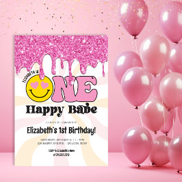 Roze Oranje Retro One Happy Babe 1e Verjaardag Kaart