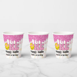Roze Oranje Retro One Happy Babe 1e Verjaardag Papieren Bekers