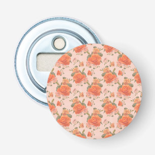 roze oranje roos bloemmotief bruiloft lente button flesopener
