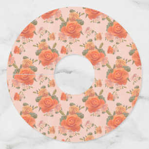 roze oranje roos bloemmotief bruiloft lente wijnglaslabel
