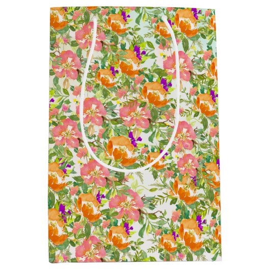 Roze Oranje Rozen Bloemen Medium Cadeauzakje (Voorkant)