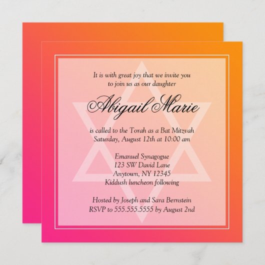 Roze Oranje ster van David Bat Mitzvah Square Kaart (Voorkant / Achterkant)