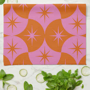 Roze Oranje Sterexplosies op Mid Century Schelpvor Theedoek