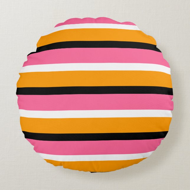 Roze Oranje strepen Horizontale lijnen Rond Kussen (Voorkant)
