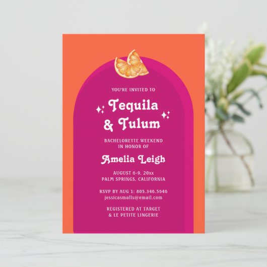 Roze & Oranje Sunset Tequila & Tulum Bachelorette Kaart (Staand voorkant)