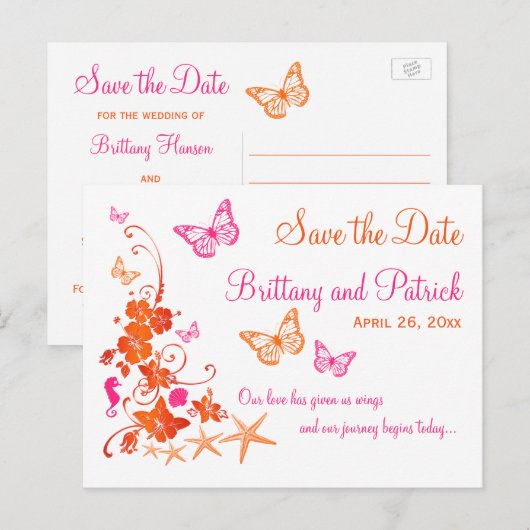 Roze, Oranje tropisch strand Save the Date Briefka Aankondigingskaart (Voorkant / Achterkant)
