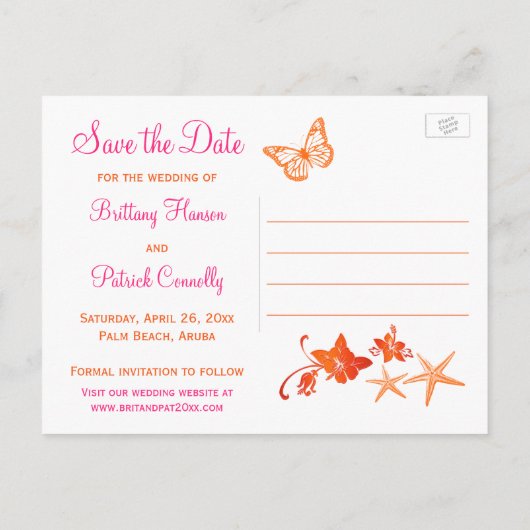 Roze, Oranje tropisch strand Save the Date Briefka Aankondigingskaart (Achterkant)
