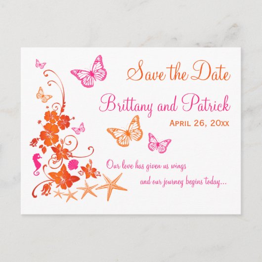 Roze, Oranje tropisch strand Save the Date Briefka Aankondigingskaart (Voorkant)