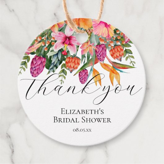 Roze Oranje Tropische Bloemen Script Bedankt Bedankjes Labels (Voorkant)