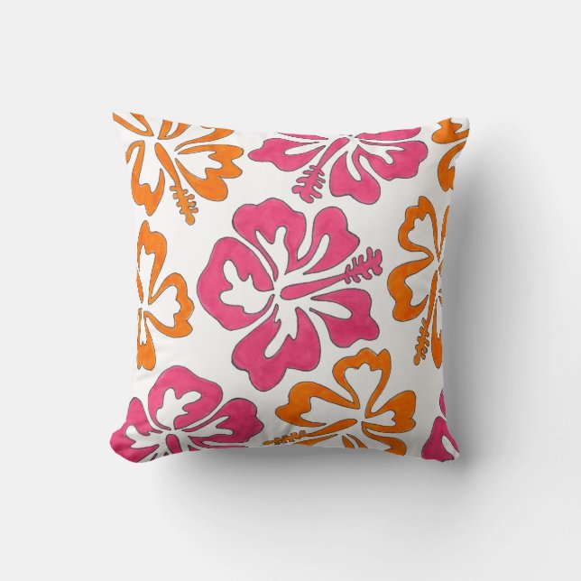 Roze Oranje Tropische Hibiscus Flowers Floral prin Kussen (Voorkant)