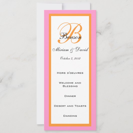 Roze Oranje Trouwmenu Kaarten (Voorkant)