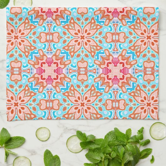 Roze Oranje Turquoise Retro Chic Mosaic Pattern Theedoek (Gevouwen)