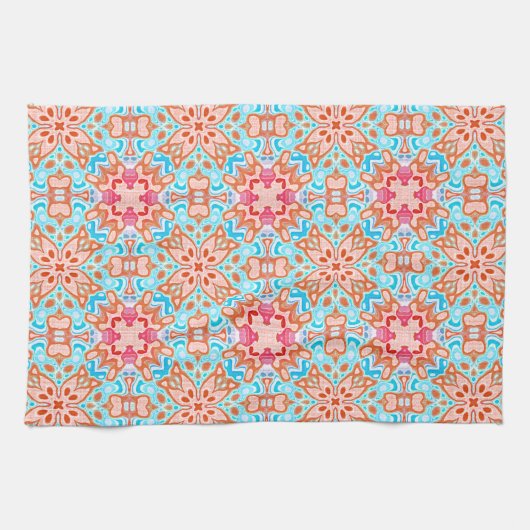 Roze Oranje Turquoise Retro Chic Mosaic Pattern Theedoek (Horizontaal)