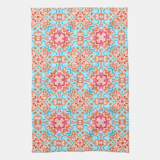 Roze Oranje Turquoise Retro Chic Mosaic Pattern Theedoek (Verticaal)