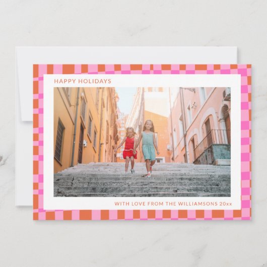 Roze Oranje Unieke Retro Schaakbord Twee Foto  Feestdagenkaart (Voorkant)
