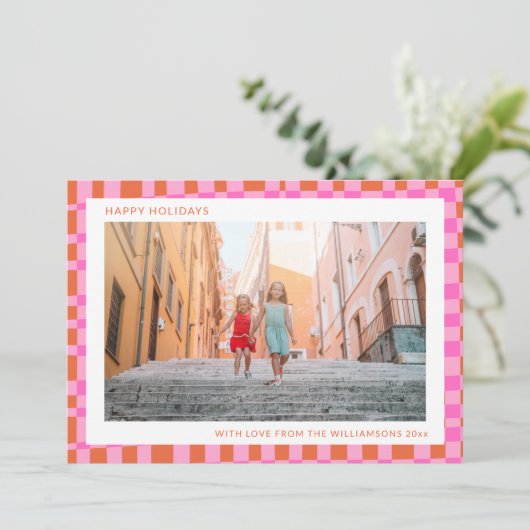 Roze Oranje Unieke Retro Schaakbord Twee Foto  Feestdagenkaart (Staand voorkant)