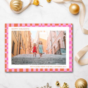Roze Oranje Unieke Retro Schaakbord Twee Foto Feestdagenkaart