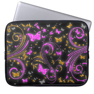 Roze oranje vlinder glitter wervelende laptop slee sleeve