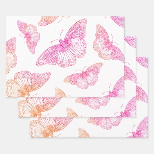 Roze Oranje vlinderpatroon Inpakpapier Vel (Set)