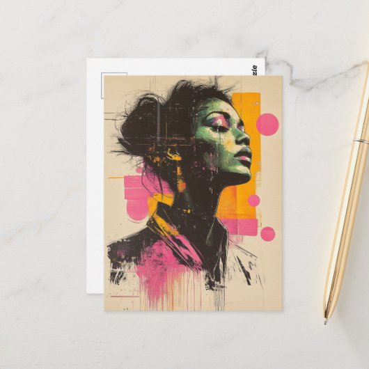 Roze Oranje Vrouw Briefkaart (Voorkant / Achterkant in situ)