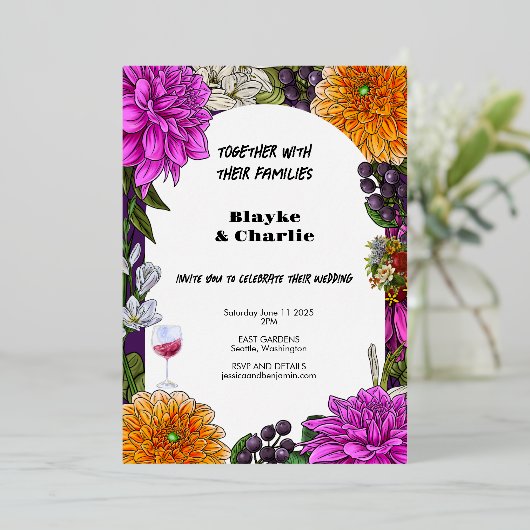 Roze & Oranje Waterverf Bloemen Huwelijksuitnodigi Folie Uitnodiging (Staand Voorkant)