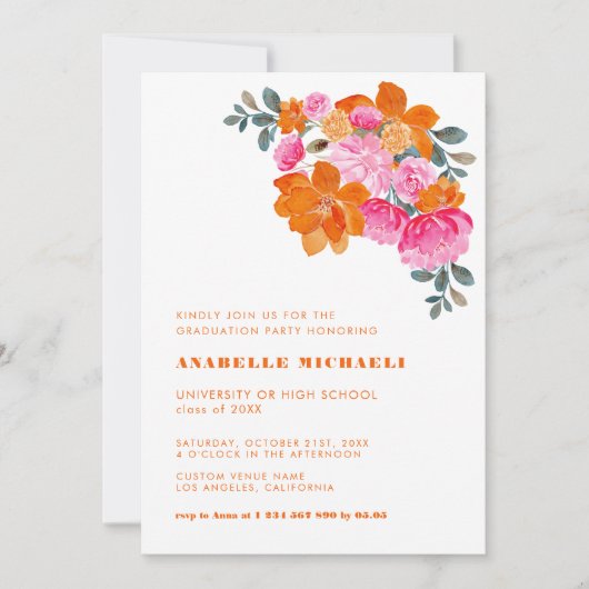 Roze & Oranje Waterverf Bloemen Levendig Afstudere Kaart (Voorkant)