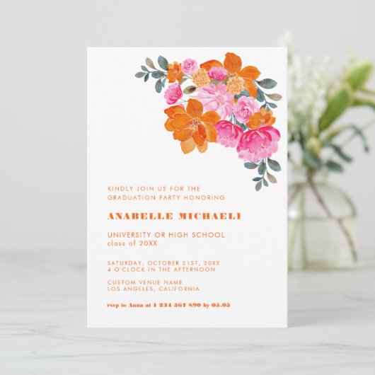 Roze & Oranje Waterverf Bloemen Levendig Afstudere Kaart (Staand voorkant)