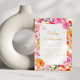 Roze Oranje Waterverf Bloemen Script Chic Bruiloft Kaart