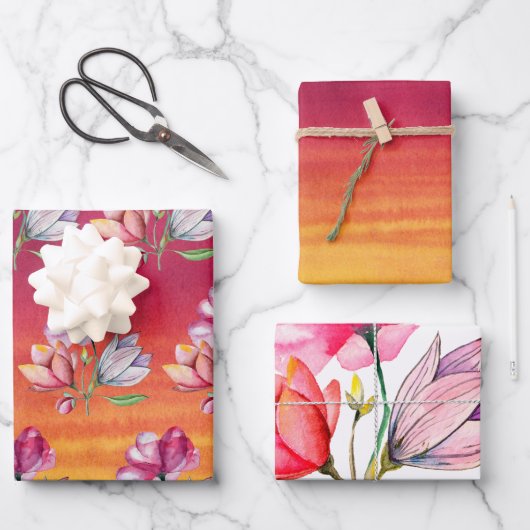 roze oranje waterverf en bloemen inpakpapier vel (Voorkant)