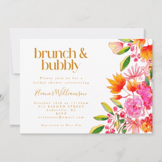 Roze Oranje Waterverf Floral Bridal Brunch Bubble Kaart (Voorkant)