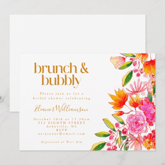 Roze Oranje Waterverf Floral Bridal Brunch Bubble Kaart (Voorkant / Achterkant)