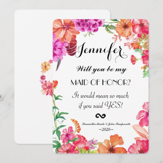 Roze Oranje Waterverf Garden Maid of Honor Invite Kaart (Voorkant / Achterkant)