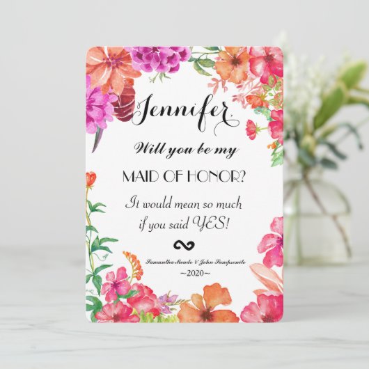 Roze Oranje Waterverf Garden Maid of Honor Invite Kaart (Staand voorkant)