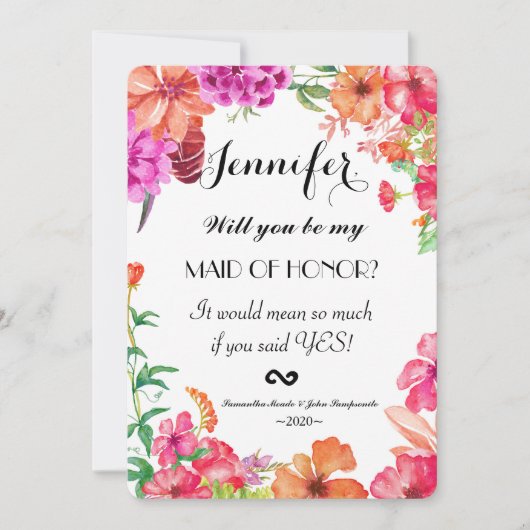 Roze Oranje Waterverf Garden Maid of Honor Invite Kaart (Voorkant)