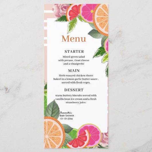 Roze & Oranje Waterverf Tropische Citrus Schattige Menu (Voorkant)