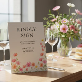 Roze Oranje Wilde Bloem Bruiloft Gastboek Reclamebord Met Voetstuk