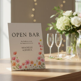 Roze Oranje Wilde Bloemen Bruiloft Open Bar Reclamebord Met Voetstuk