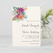 Roze, oranje & witte rozen bloemstuk bruiloft kaart (Staand voorkant)