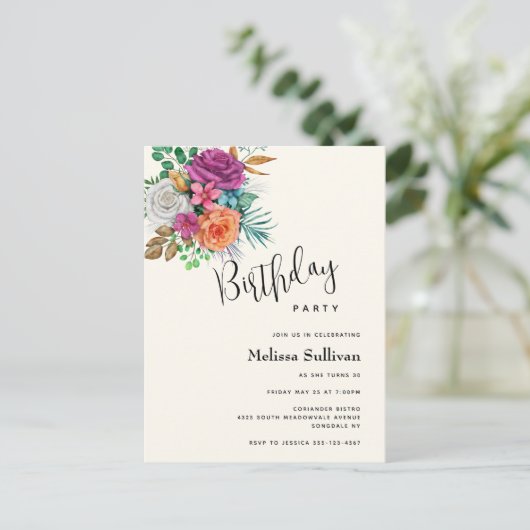 Roze, oranje & witte rozen verjaardagsuitnodiging briefkaart (Staand voorkant)