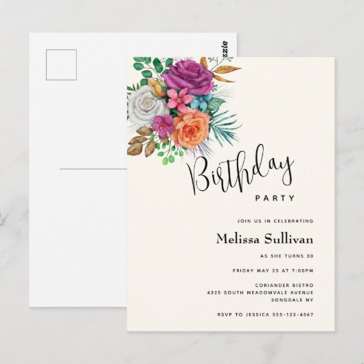 Roze, oranje & witte rozen verjaardagsuitnodiging briefkaart (Voorkant / Achterkant)