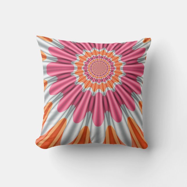 Roze Oranje +Zilver Groovy Bloem Kussen (Voorkant)