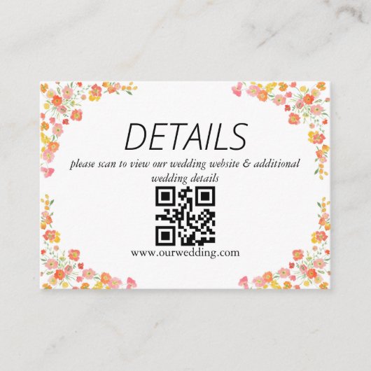 Roze & Oranje Zomer Bloem Bruiloft QR Code Informatiekaartje (Voorkant)