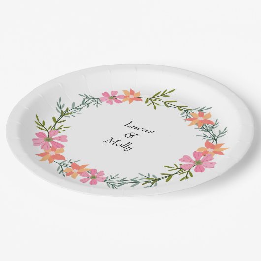 Roze & Oranje Zomer Bloemige Bruiloft Papieren Bordje (Gekanteld)