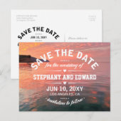 Roze Oranje Zonneonset Zee sparen de Datum Woorden Aankondigingskaart (Voorkant / Achterkant)