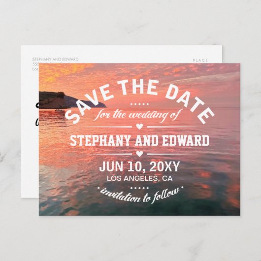 Roze Oranje Zonneonset Zee sparen de Datum Woorden Aankondigingskaart (Voorkant / Achterkant)