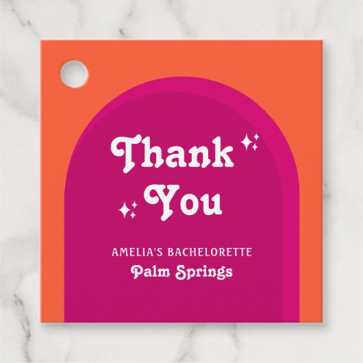 Roze & Oranje Zonsondergang Retro Bachelorette Wee Bedankjes Labels (Voorkant)