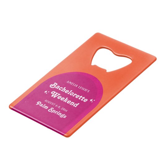 Roze & Oranje Zonsondergang Retro Bachelorette Wee Creditkaart Flessenopener (Voorkant Gekanteld)