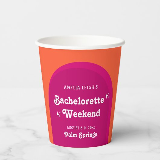 Roze & Oranje Zonsondergang Retro Bachelorette Wee Papieren Bekers (Achterkant)