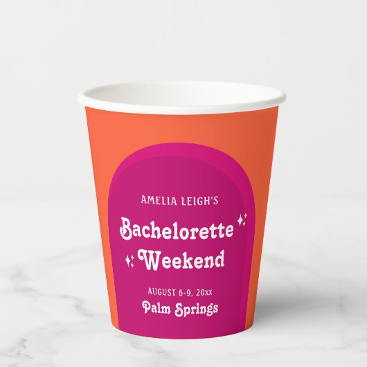 Roze & Oranje Zonsondergang Retro Bachelorette Wee Papieren Bekers (Voorkant)